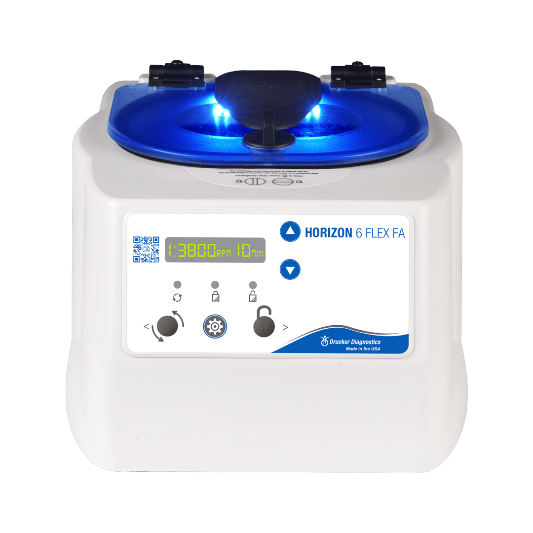 Fixed angle routine centrifuge HORIZON 6 Flex FA seen from the front, with digital display illuminated and indicator lighting on