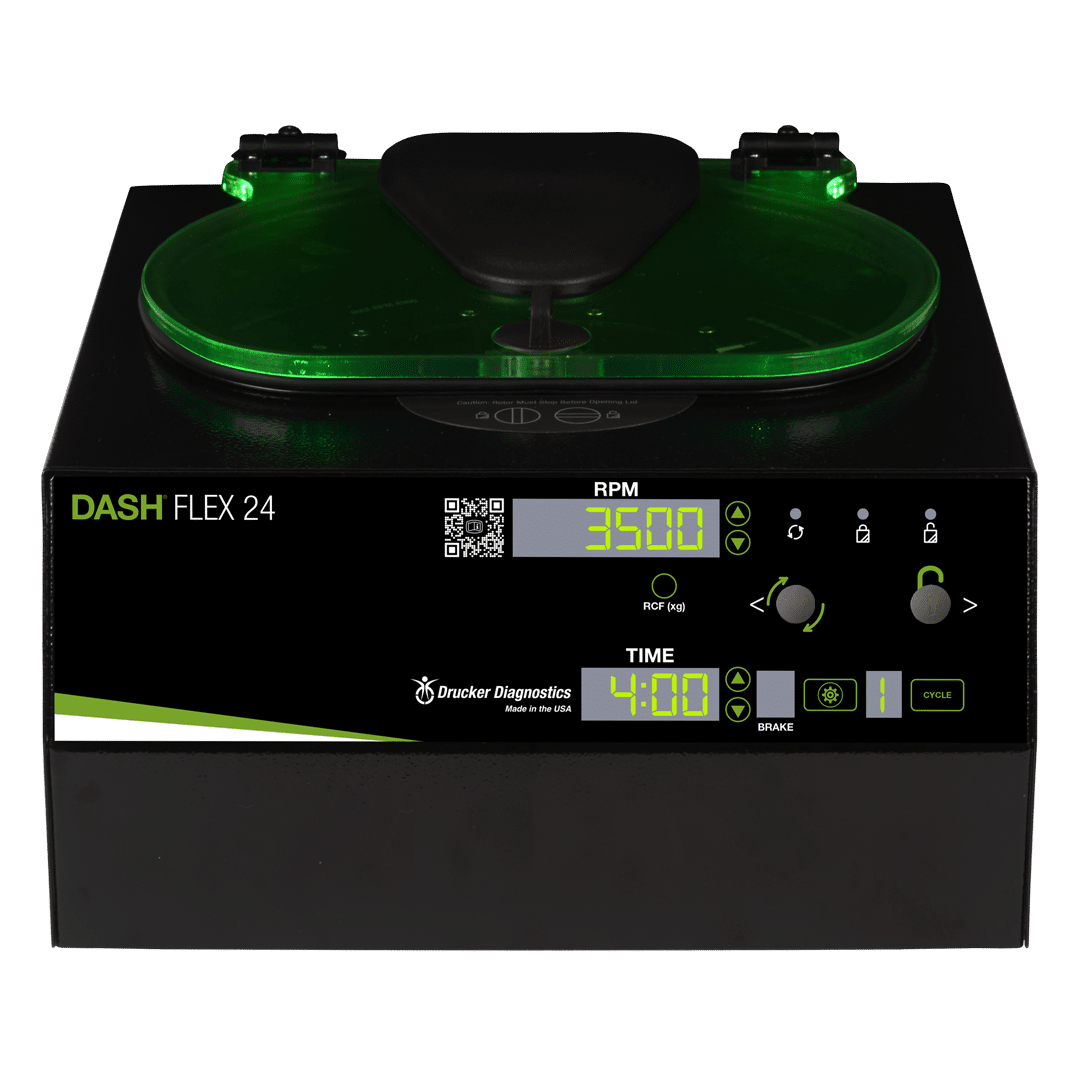 The high capacity STAT centrifuge DASH Flex 24, seen from front with digital display illuminated and indicator light on