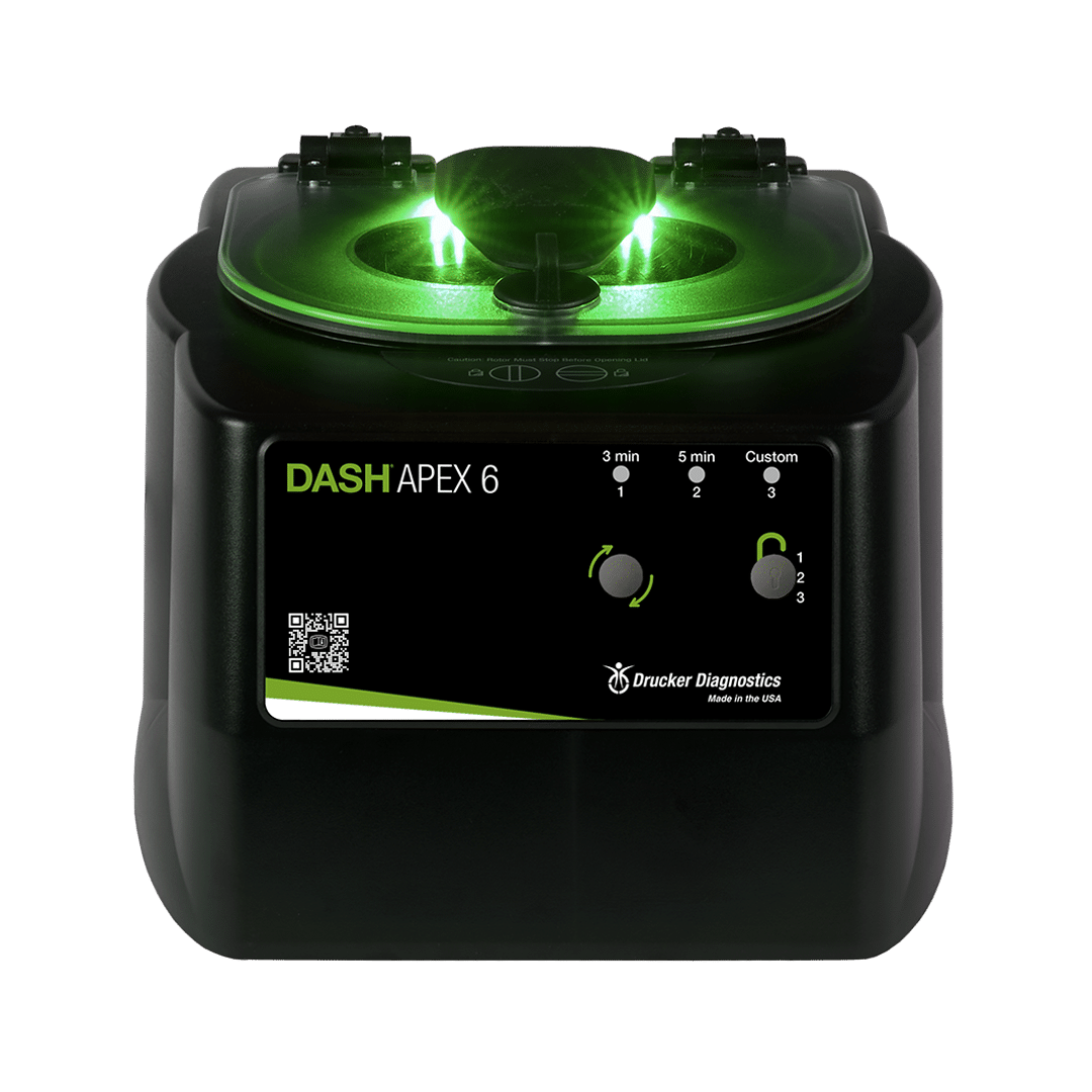Compact STAT centrifuge DASH Apex 6 with horizontal centrifugation, shown from front with status tracker light illuminated