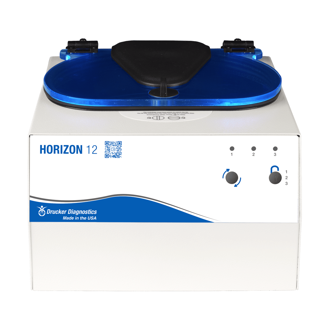 HORIZON 12 swing out benchtop centrifuge, seen from the front with two-button controls visible