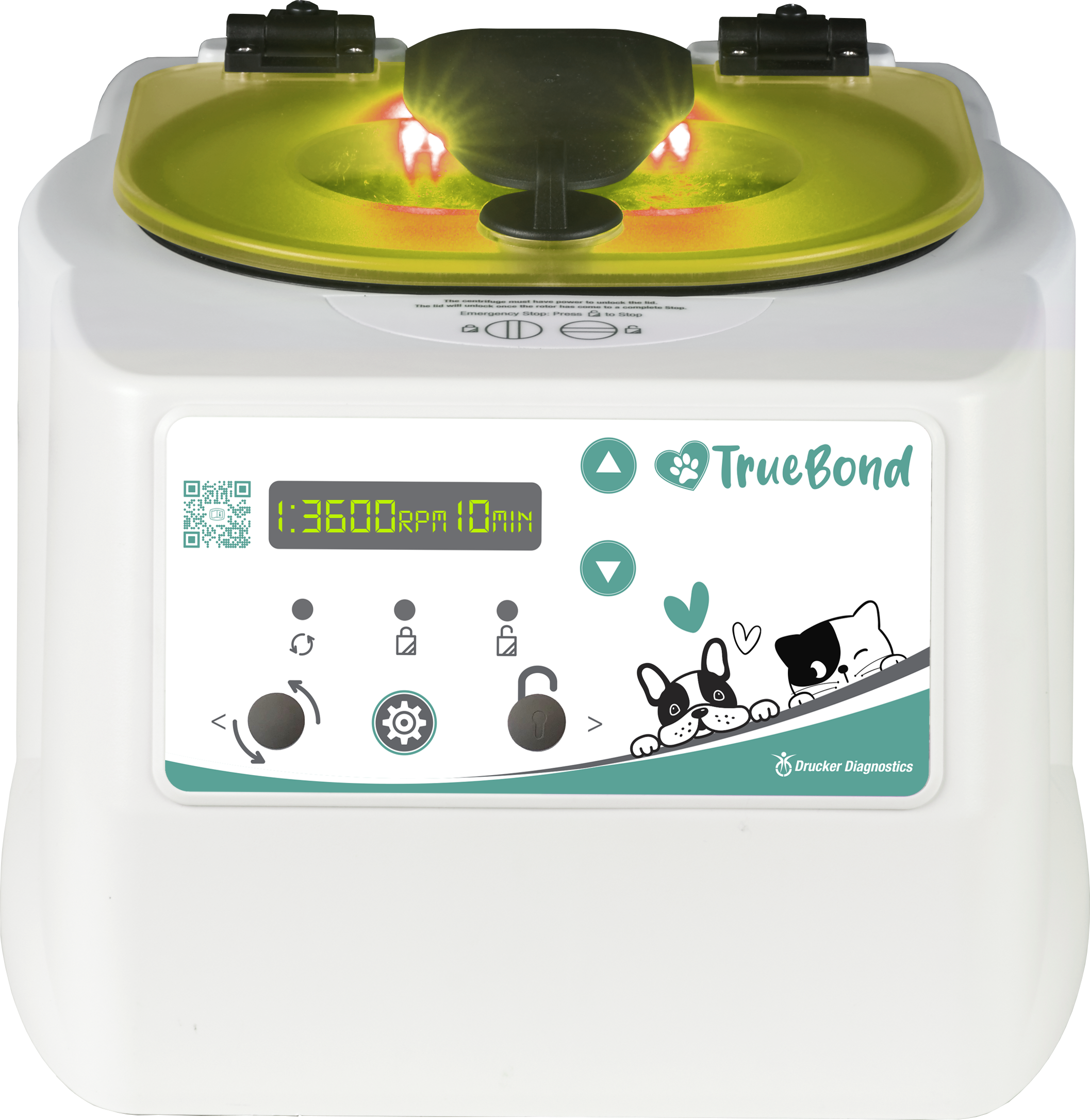 The TrueBond animal health centrifuge shows its digital display and status tracker lid lighting illuminated