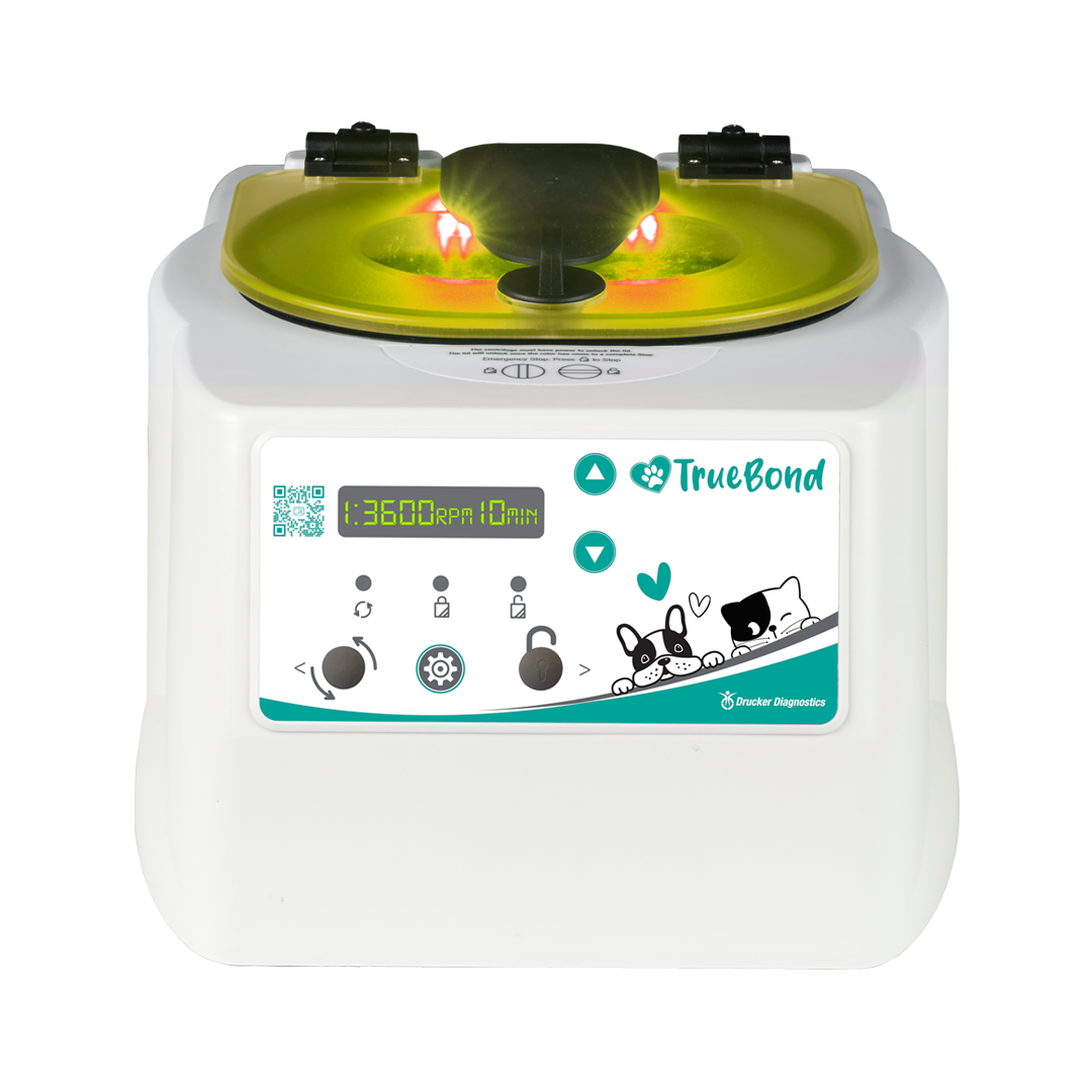 The TrueBond animal health centrifuge is seen from the front with digital display and status tracker lid lighting illuminated