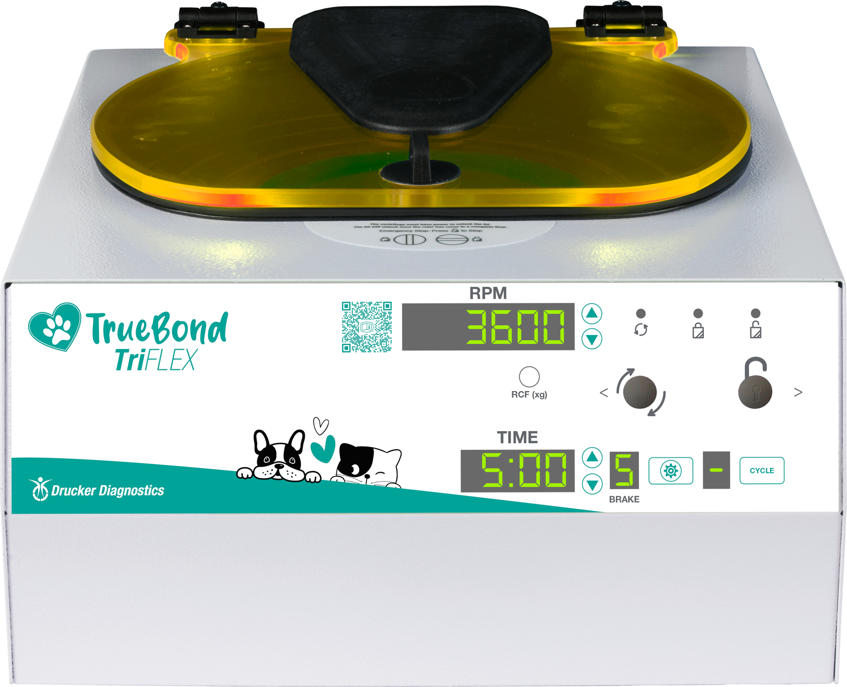 Front view of the TrueBond TriFLEX animal health centrifuge, status tracker lid lighting illuminated and digital display controls visible.