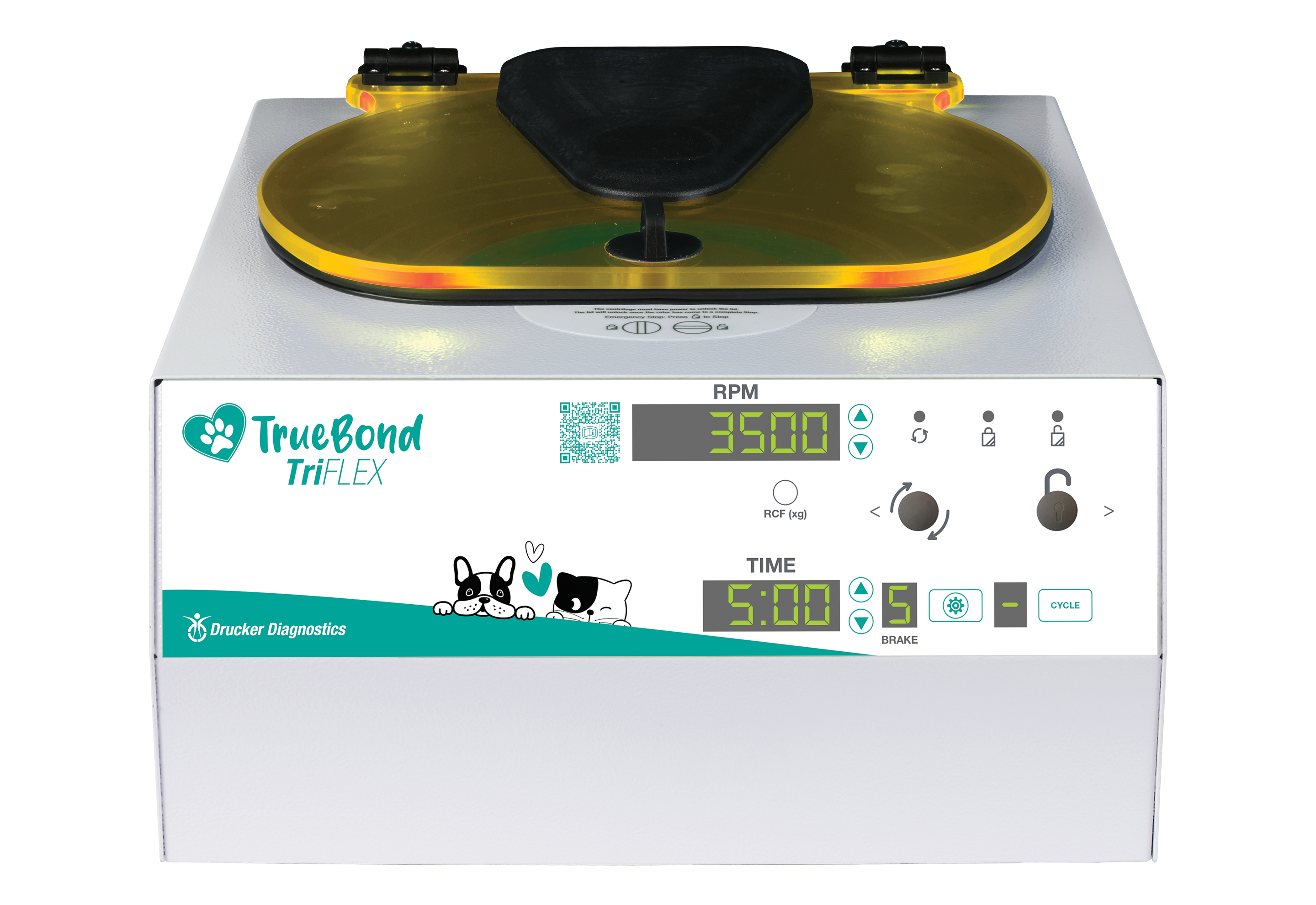 TrueBond TriFLEX animal health centrifuge, seen from the front with digital displays and controls illuminated and status tracker lid lighting running