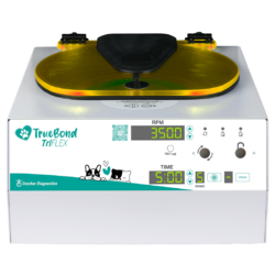 TrueBond TriFLEX animal health centrifuge, display screen interface visible and status indicator lid lights on.
