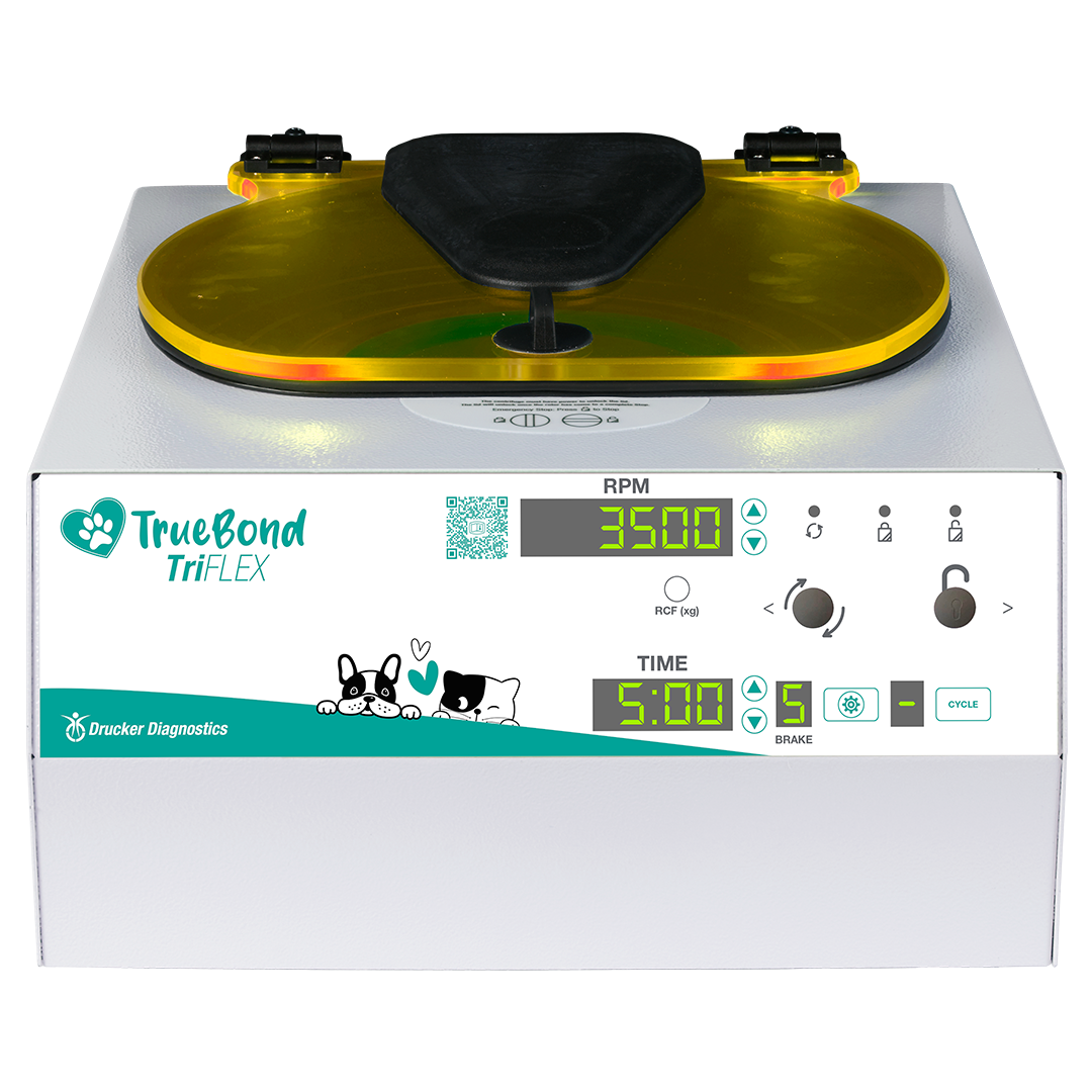TrueBond TriFLEX animal health centrifuge, display screen interface visible and status indicator lid lights on.