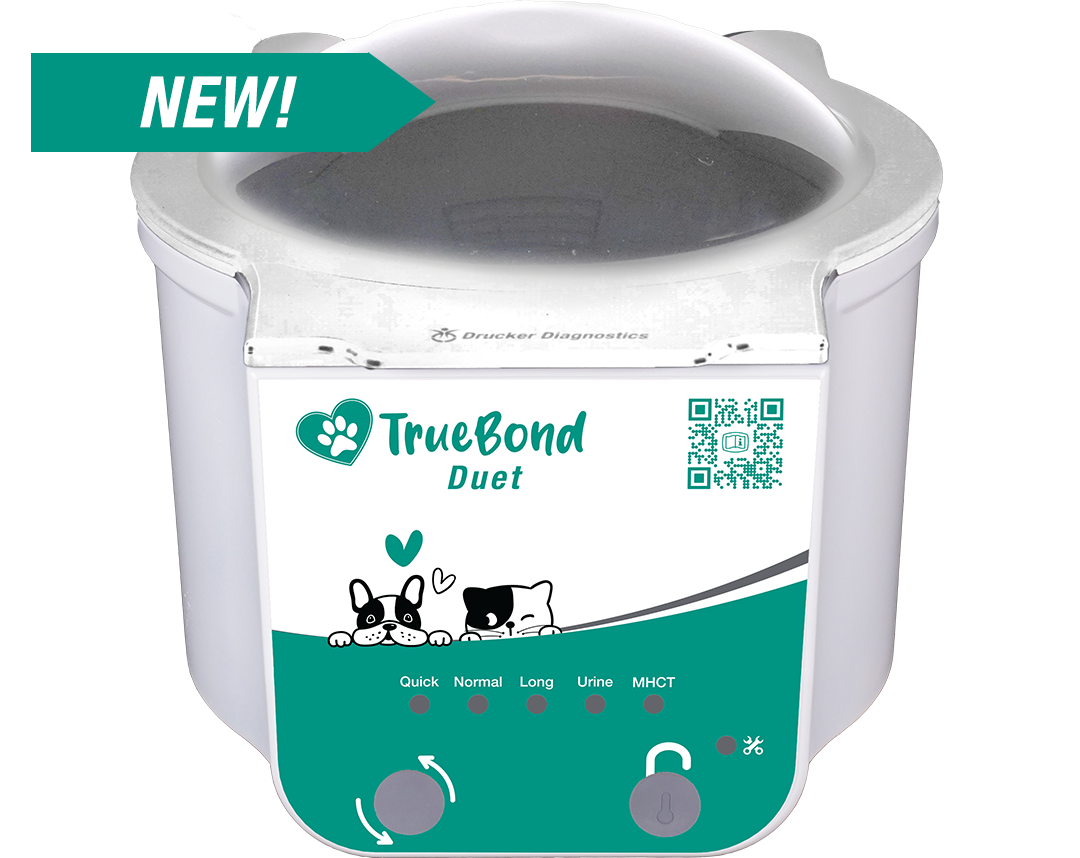 The TrueBond animal health centrifuge shows its digital display and status tracker lid lighting illuminated