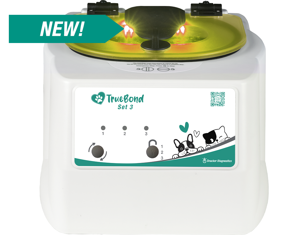 The TrueBond animal health centrifuge shows its digital display and status tracker lid lighting illuminated